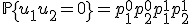 \mathbb{P}\{u_1+u_2=0\} = p_1^0p_2^0 + p_1^1p_2^1