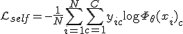 \mathcal{L}_{self} = - \frac{1}{N} \sum_{i=1}^N \sum_{c=1}^C y_{ic} \log \Phi_{\theta}(x_i)_c