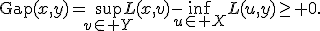 \operatorname{Gap}(x,y)=\sup_{v\in Y}L(x,v)-\inf_{u\in X}L(u,y)\geq 0.