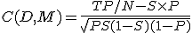   C(D,M) = \frac {TP/N - S \times P} {\sqrt{PS(1 - S) (1 - P)}} 