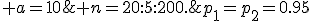 p_1=p_2=0.95; \;\; a=10; \;\; n=20:5:200.