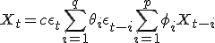 X_t = c + \epsilon_t + \sum_{i=1}^q \theta_i \epsilon_{t-i} + \sum_{i=1}^p \phi_i X_{t-i}